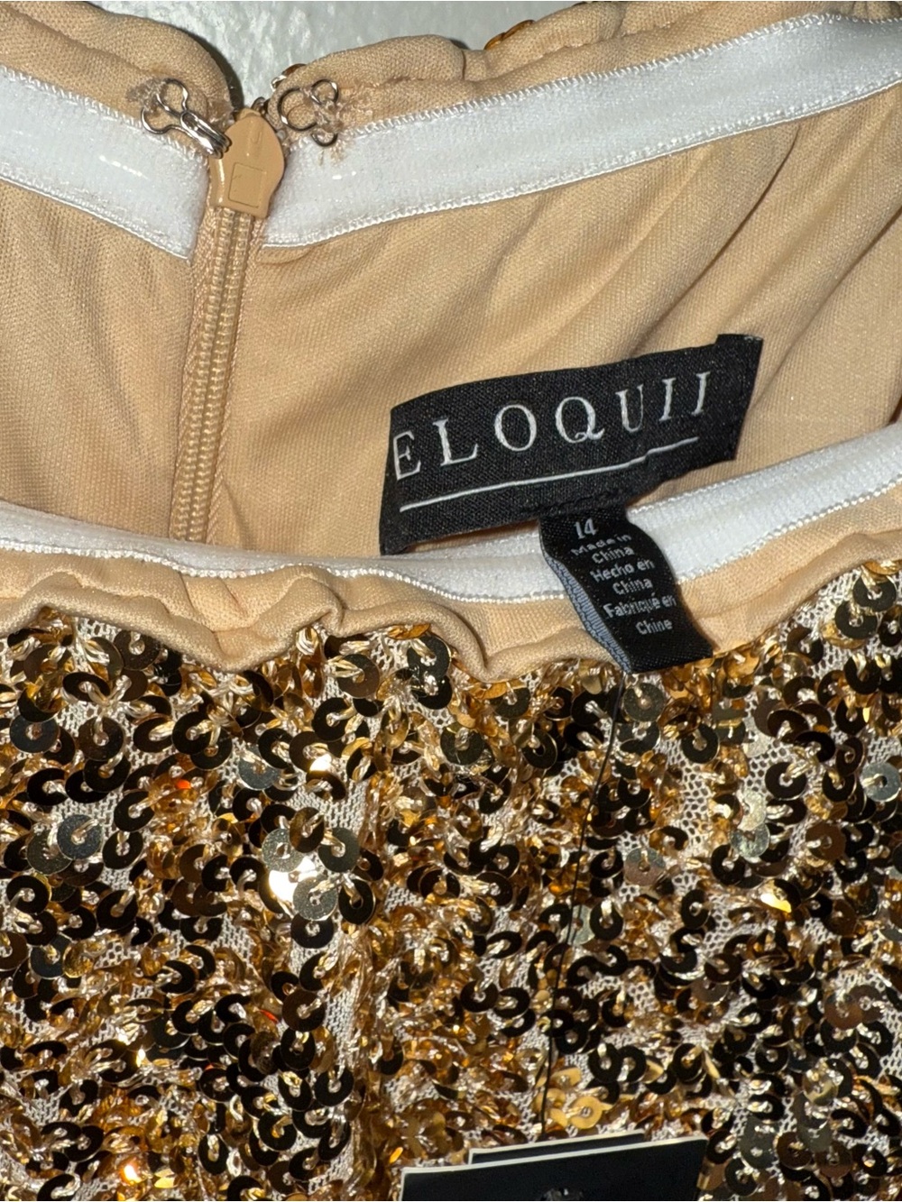 ELOQUII OFF THE SHOULDER SEQUIN COLUMN DRESS IN GOLD - Picture 3 of 12